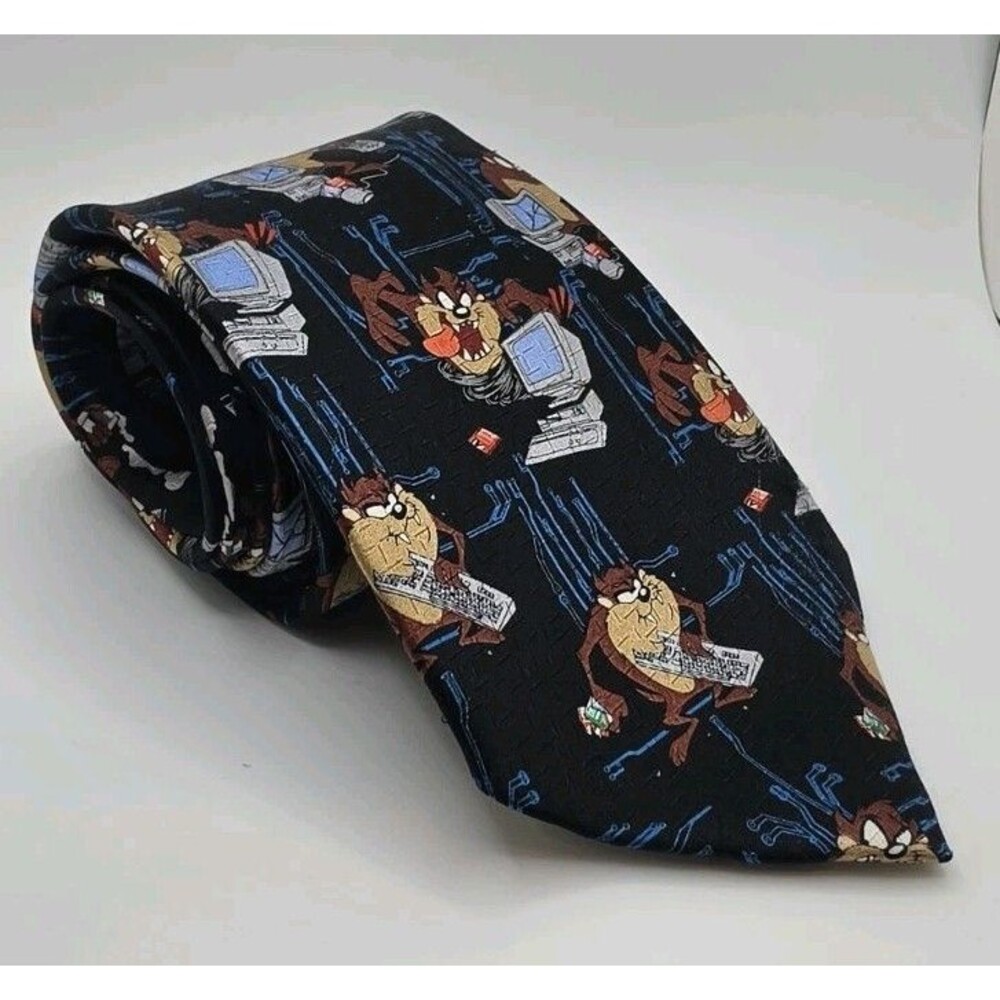 Vintage 2002 Looney Tunes Taz Tasmanian Devil Computer Silk Tie Tech Geek IT